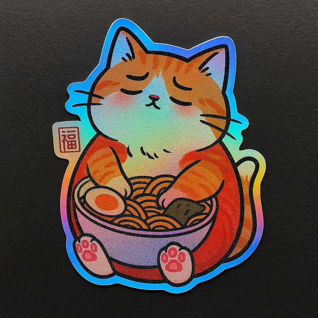 Happy Fat Ramen Cat Holographic Sticker